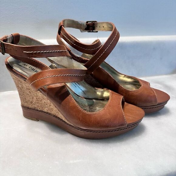 Audrey Brooke Women's Rome Tan Leather Cork Wedge Platform Sandals Size 6M - Picture 2 of 7